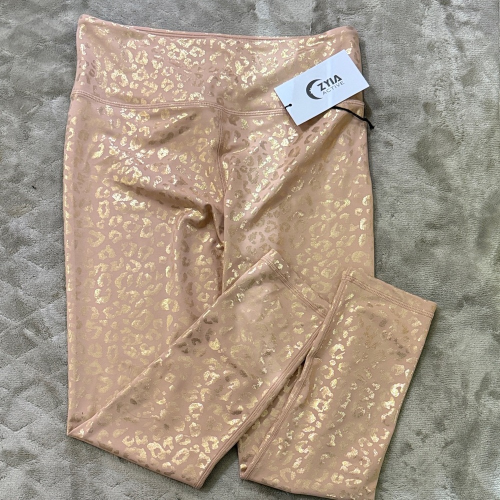 ZYA Active Girls' Pink Leggings with Metallic Gold Leopard Print